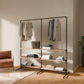 pamo Industrial Pipe Clothing Rack with Oak Shelf – 76' W x 76' H – Freestanding Metal Garment Rack for Bedroom, Walk-In Closet & Retail