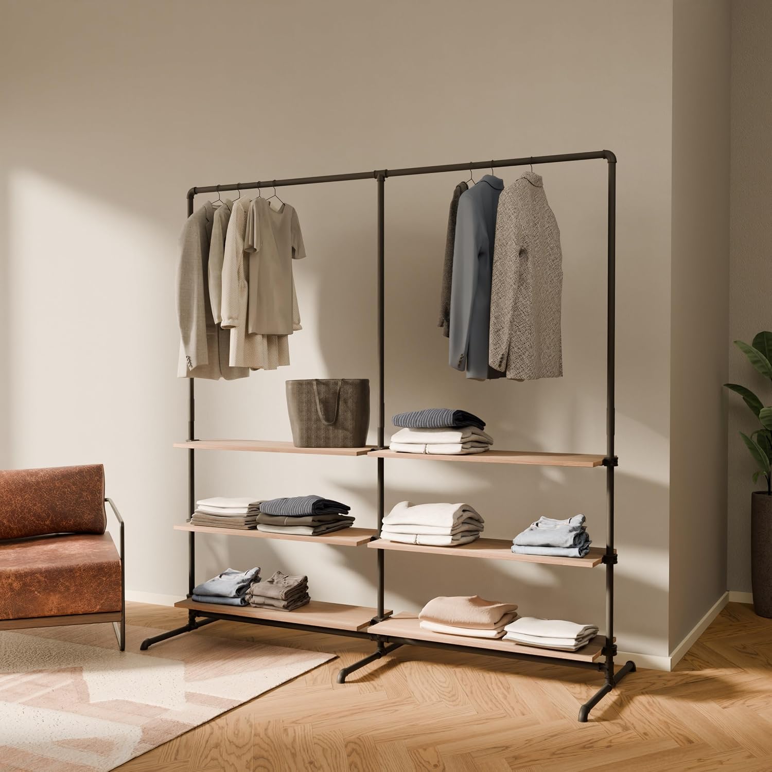 pamo Industrial Pipe Clothing Rack with Oak Shelf – 76' W x 76' H – Freestanding Metal Garment Rack for Bedroom, Walk-In Closet & Retail