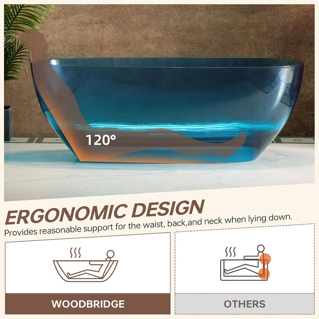 WOODBRIDGE 63' L x 28-3/8' W Transparent Blue Stone Resin Freestanding Soaking Tub with Double Ended Design
