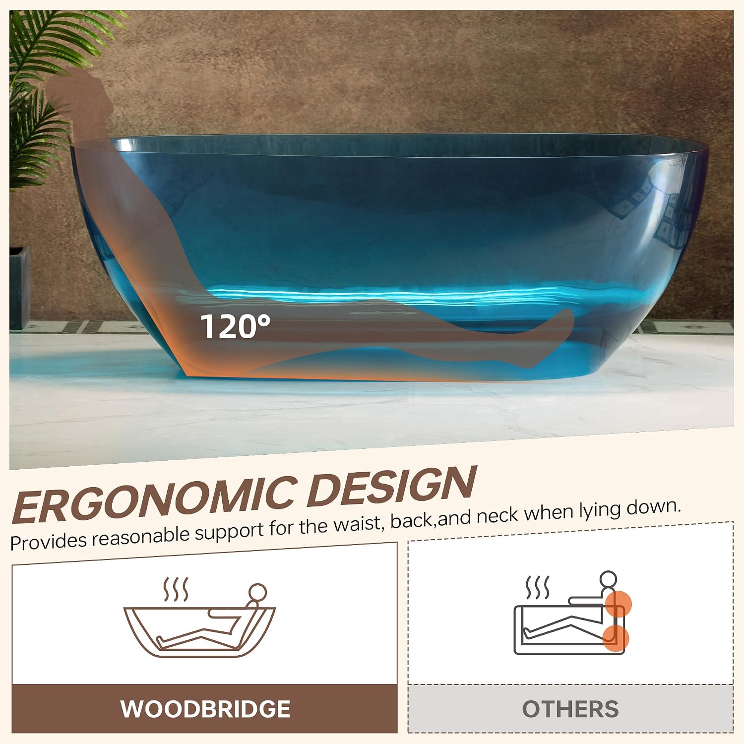 WOODBRIDGE 63' L x 28-3/8' W Transparent Blue Stone Resin Freestanding Soaking Tub with Double Ended Design