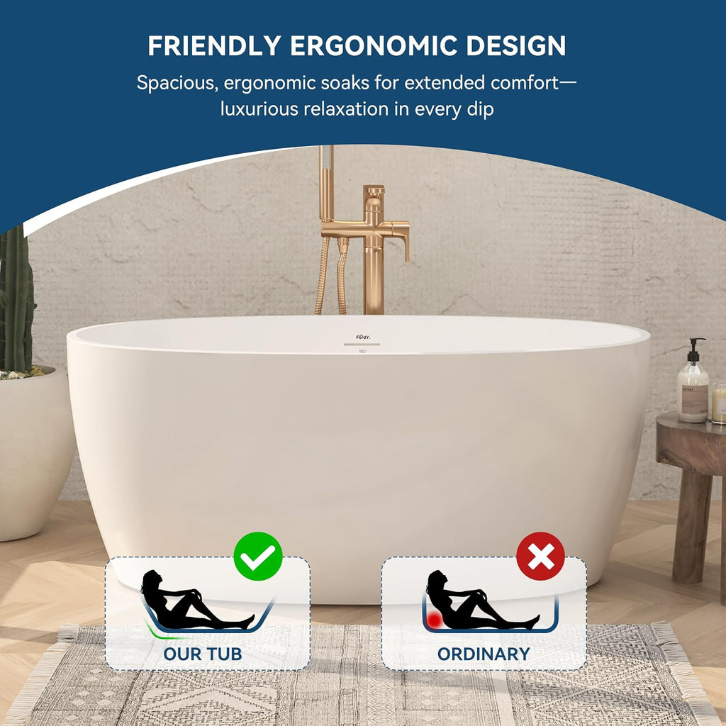 FerdY 55' Acrylic Freestanding Bathtub, Contemporary Soaking tub with Chrome Drain & Overflow, Elegant Oval Shape, cUPC Certified, Tahiti