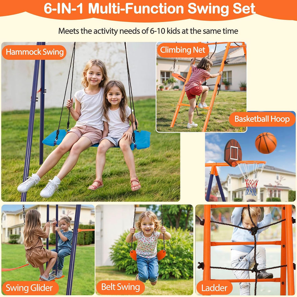 Metal Swing Sets for Backyard, Heavy Duty Toddler Playset Kids Playground Set with Hammock Swing, Belt Swings, Glider, Climbing Ladder and Nets, Basketball Hoop for Outdoor, 660 lbs