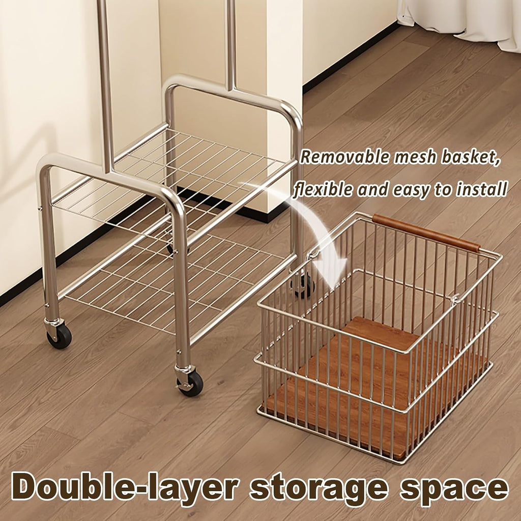 Garment Rack With Wheels, Rolling Clothing Racks For Hanging Clothes, Clothes Rack With Shelves, Metal Freestanding Clothing Organizer, For Bedroom Living Room