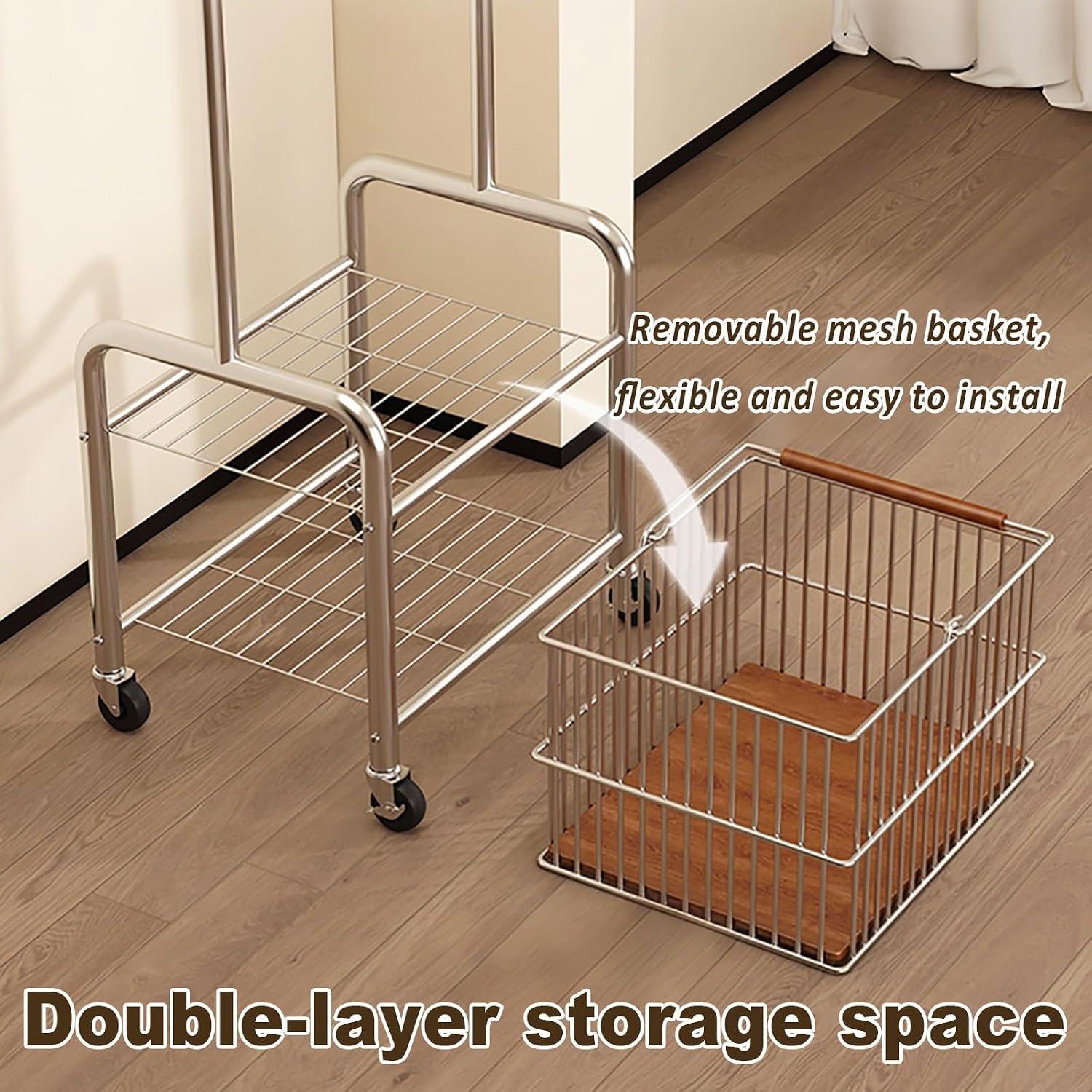 Garment Rack With Wheels, Rolling Clothing Racks For Hanging Clothes, Clothes Rack With Shelves, Metal Freestanding Clothing Organizer, For Bedroom Living Room