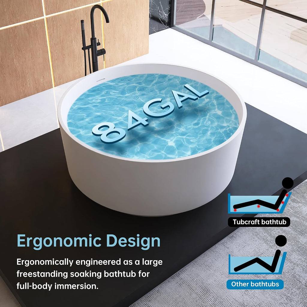 Round Freestanding Tub 49', Solid Surface Bathtub Matte White | Deep Soaking Bathtub, Stone Resin Stand Alone Tub with Overflow and Pop-up Drain, cUPC Certifie