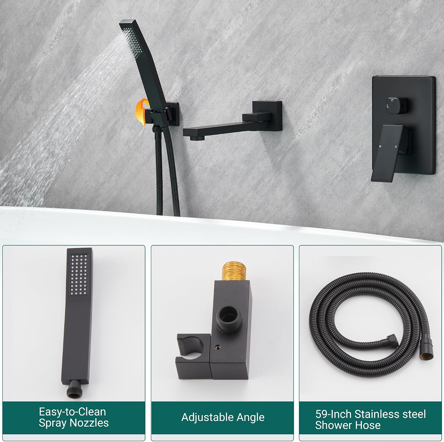 DASAN Swiveling Wall Mount Tub Filler Faucet Set with Hand Held Shower, Matte Black Modern Creative Bathtub Faucet Wall Mounted Bath Tub Faucet with High Flow Rough in Valve, SA-TF05WH-MB