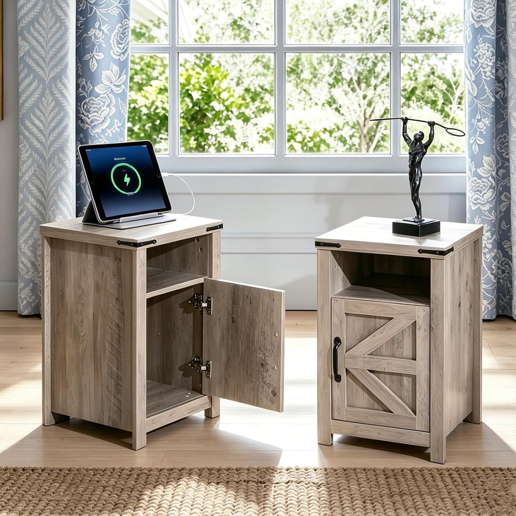 Grey Farmhouse Nightstand Set of 2, Rustic End Table with Barn Door and Shelf, Bedside Table with Charging Station for Living Room, Bedroom