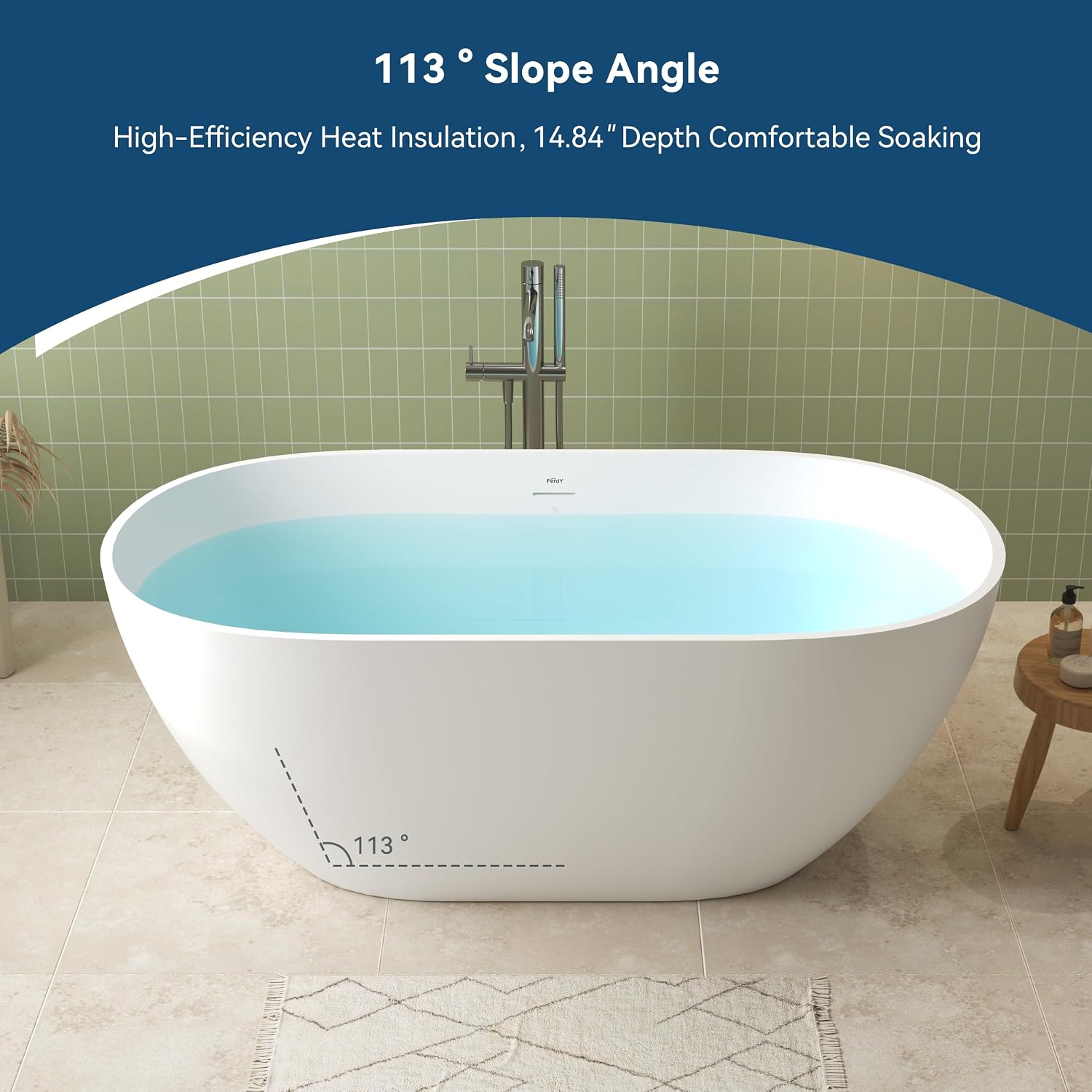 FerdY Fiji 59' Stone Resin Freestanding Bathtub, Elegant Oval Freestanding Soaking Bathtub, Solid Surface Soaking Tub, Matte White, cUPC Certified, Pop-up and Drain Integrated Slotted Overflow