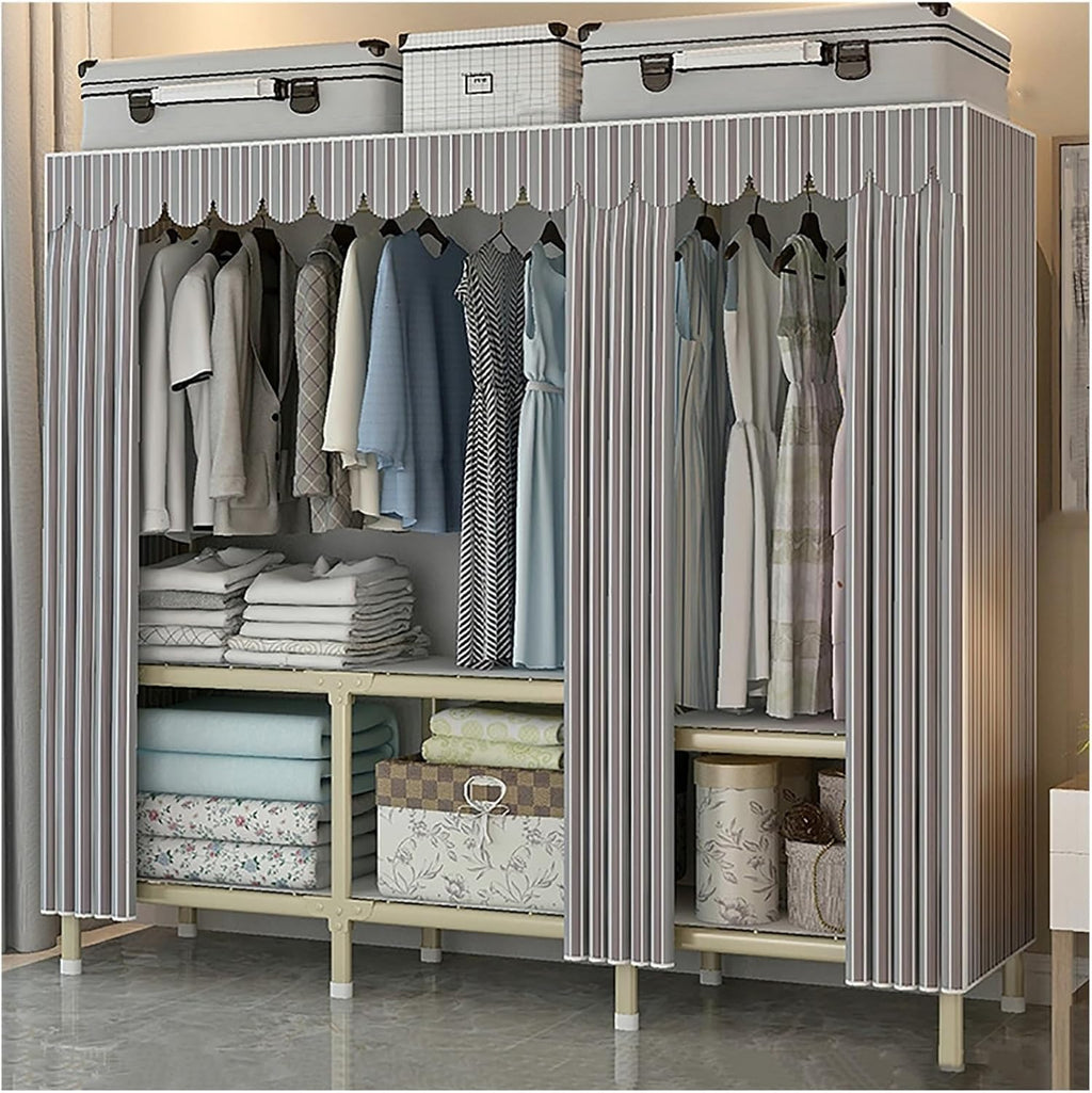 Foldable Wardrobe Closets With Cover, Metal Freestanding Clothing Rack, Portable Garment Rack With Hanging Rods, Quick And Easy To Assembly, For Bedroom(Grid 2,110cm/43.3inch)