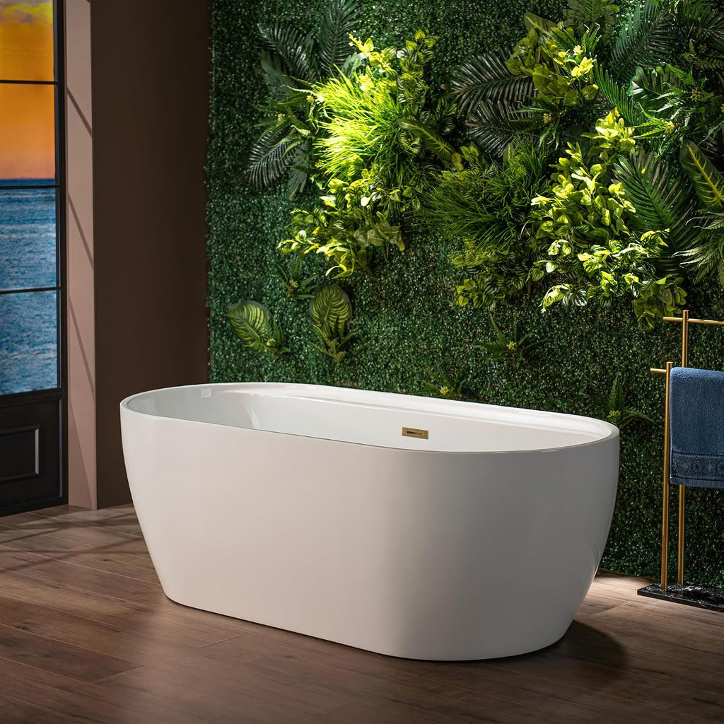 WOODBRIDGE 67' Acrylic Freestanding Bathtub Contemporary Soaking White Tub with Brushed Gold Overflow and Drain,B0063-BG