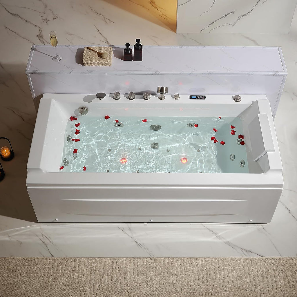 Empava Acrylic Whirlpool Bathtub, 71-Inch Jetted Bathtub with Healing Chromotherapy, Heated tub with LED Control Panel, Comforting Hydro Massage Tub with Waterfall, Brushed Nickel Hardware and Nozzles