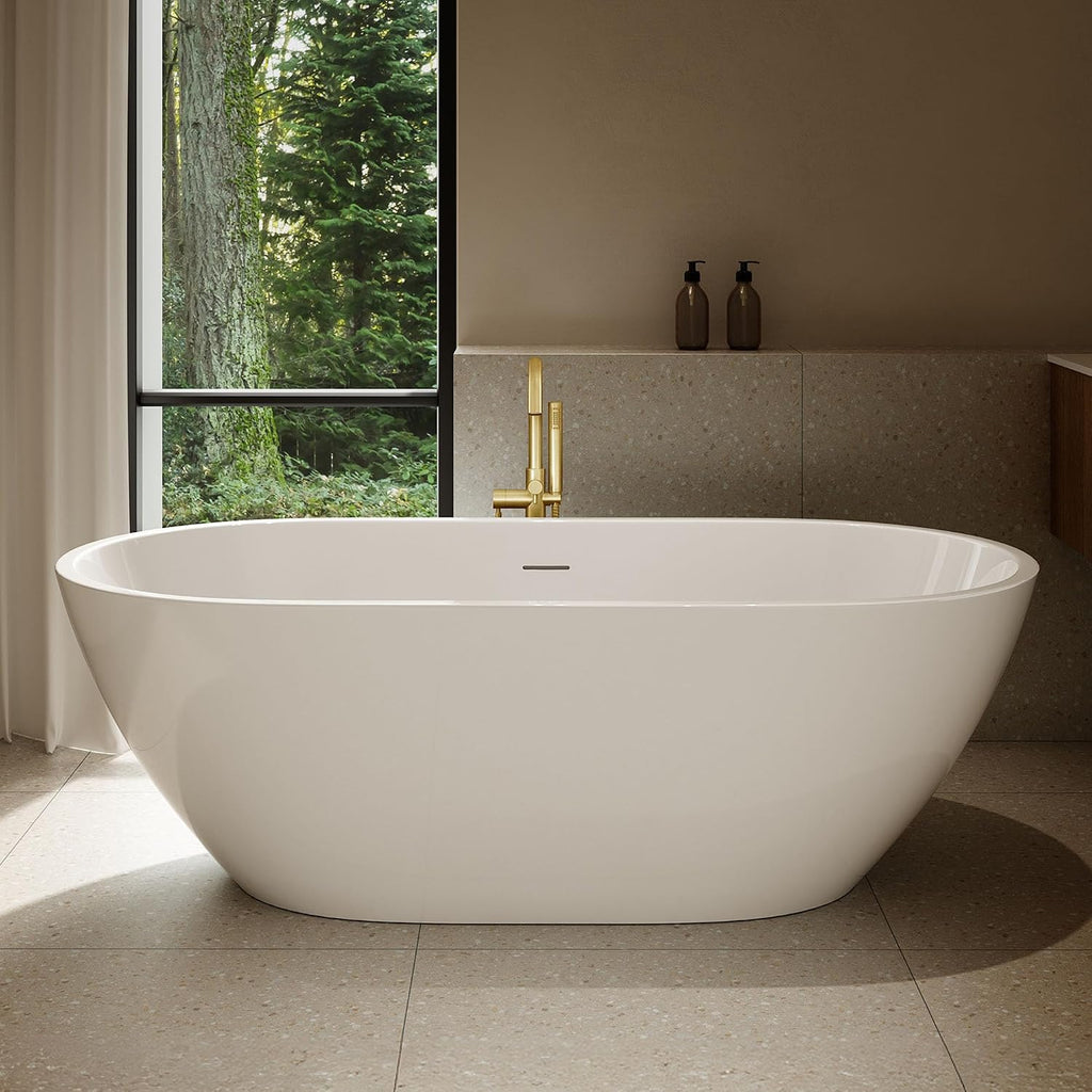 OVE Decors Ayago 66 in. Solid Surface Freestanding White Acrylic Soaking Bathtub, with Overflow and Brushed Gold Pop-up Drain