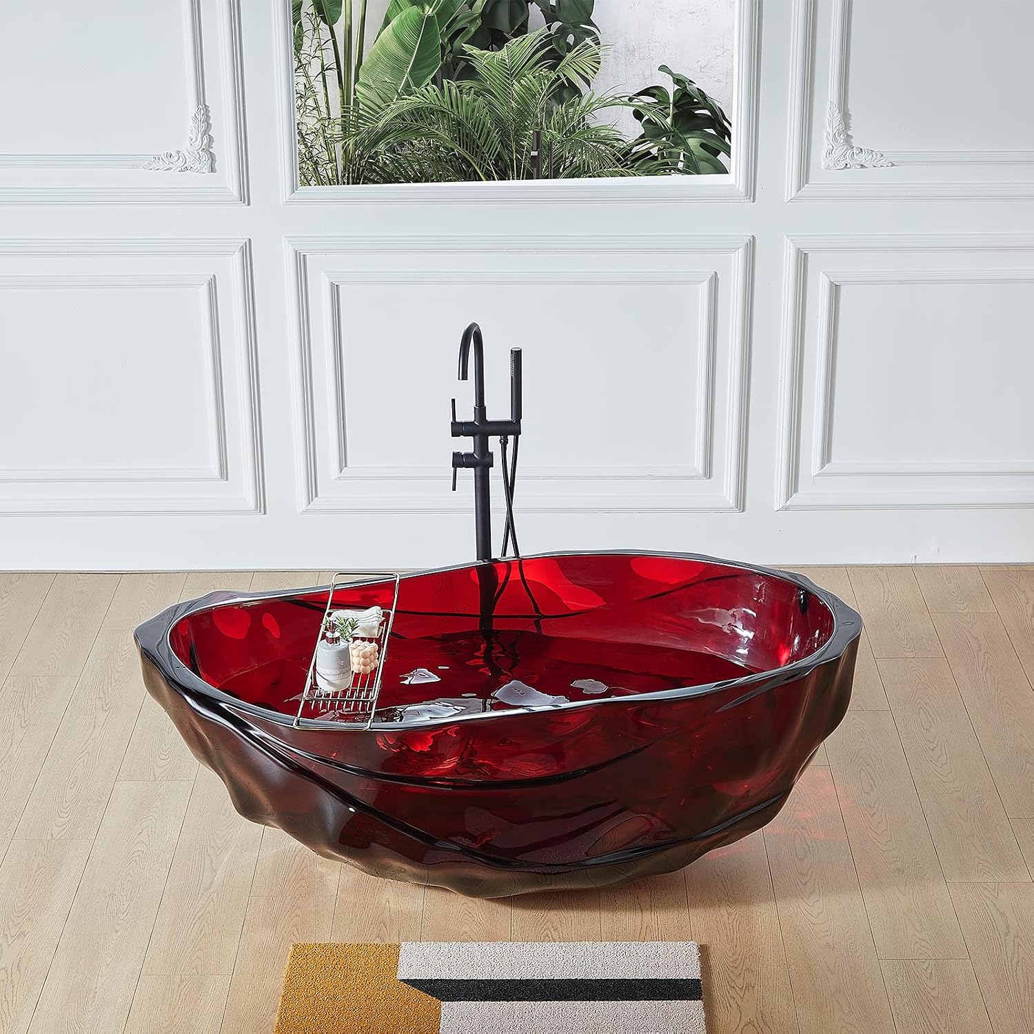 Cpingao 67' Resin Translucent Freestanding Bathtub, Modern Oval Stand Alone Tubs, Contemporary Transparent Resin Freestanding Bath 1700 MM with Drain Fiery Red 8852-1700-RED