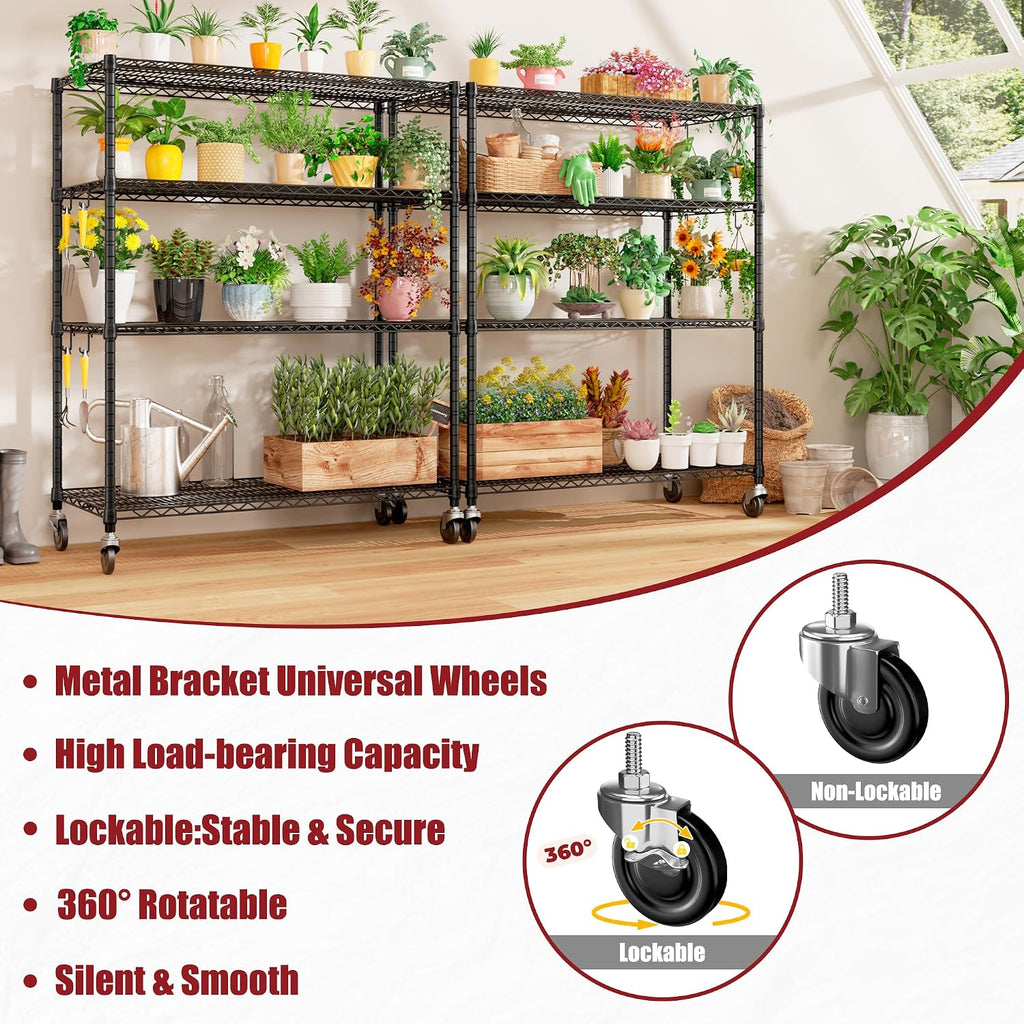 PrimeZone 3 Packs 55.5' W x 24' D x 80' H Heavy Duty Wire Storage Shelves with Wheels, 4 Tier Adjustable NSF Commercial Garage Shelving Unit, Rolling Metal Organizer Shelf Rack for Warehouse, Pantry