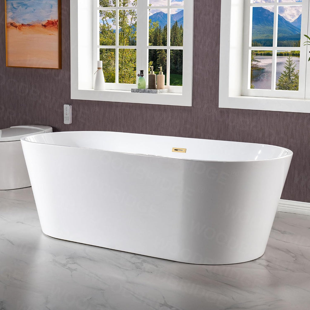 WOODBRIDGE 71' Acrylic Freestanding Bathtub Contemporary Soaking White Tub with Brushed Gold Overflow and Drain,B1701-BG