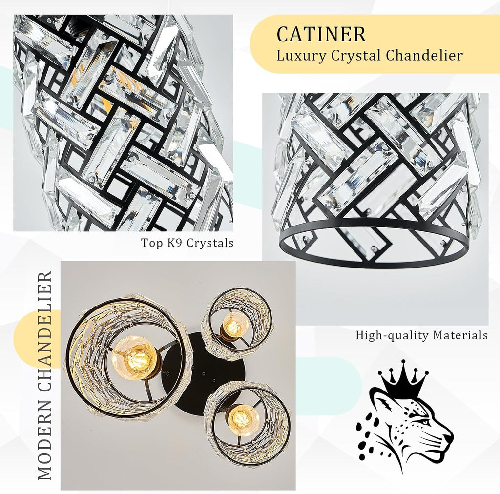 CATINER 3 Lights Crystal Pendant Light Modern Black Mini Chandelier, Adjustable Cluster Pendant Light Fixture for Kitchen Island Dinning Room Bedroom Hallway Porch