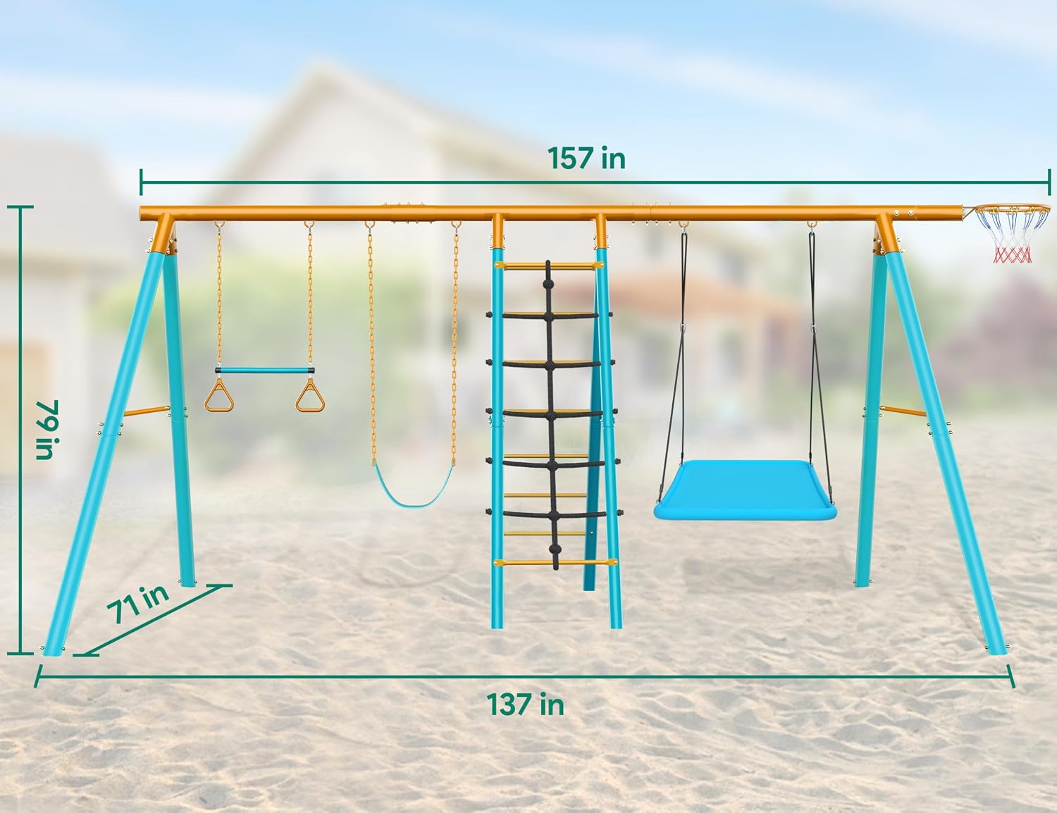 Osoeri 6-in-1 Swing Set for Backyard, Heavy-Duty Metal Kids Swing Set with 2 Swings, Climbing Net, Trapeze Bar, and Basketball Hoop (Blue)