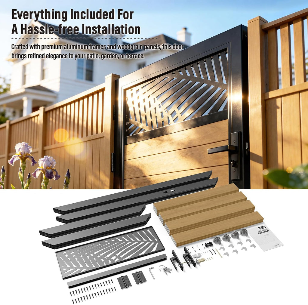 3x5 FT Aluminum Fence Gate Kit Wood Grain Aluminum Gate with Decorative Cutout, Lock & Hinges, Left/Right Opening, Weather Resistant for Yard Garden Patio