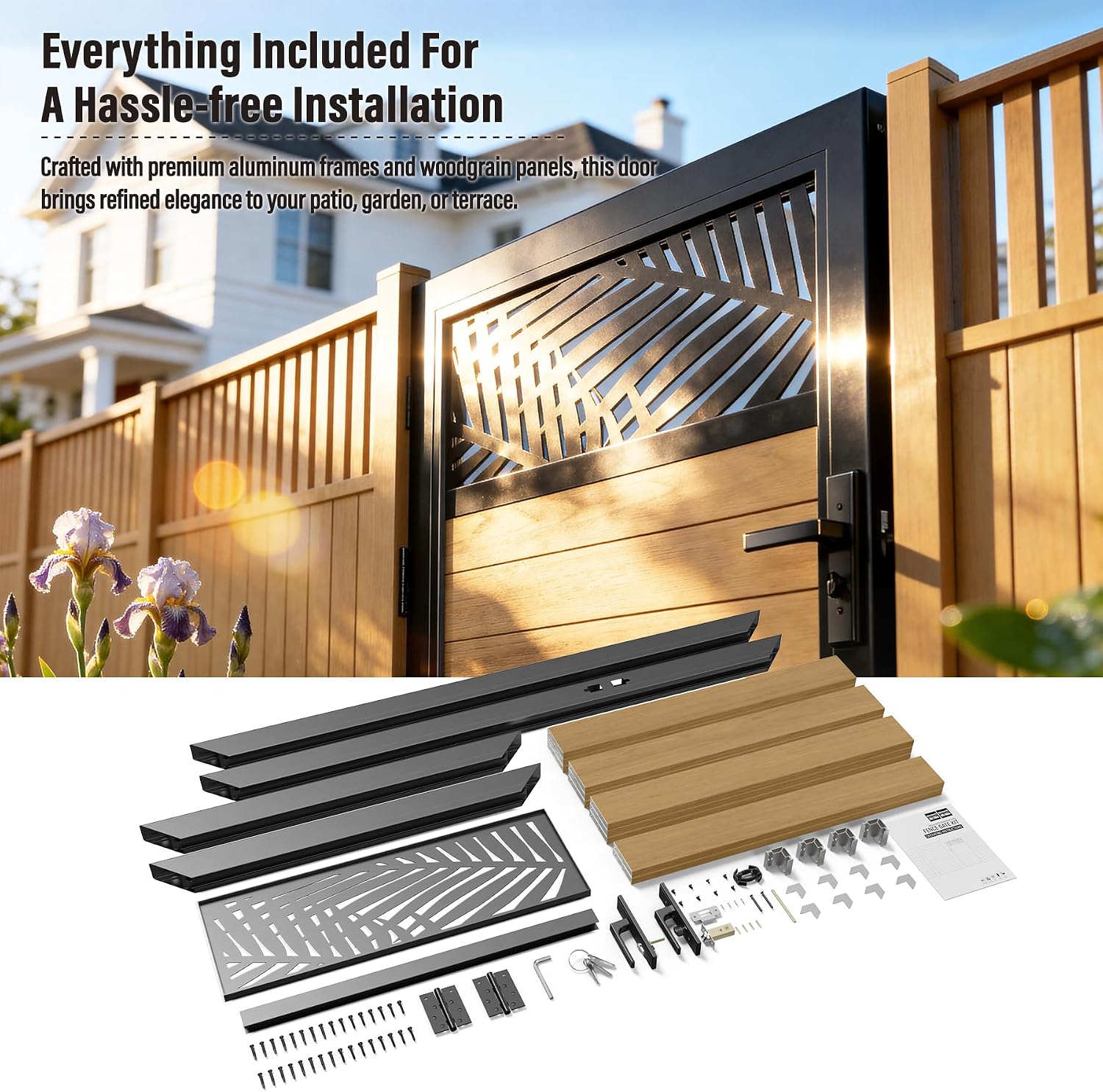 3x5 FT Aluminum Fence Gate Kit Wood Grain Aluminum Gate with Decorative Cutout, Lock & Hinges, Left/Right Opening, Weather Resistant for Yard Garden Patio