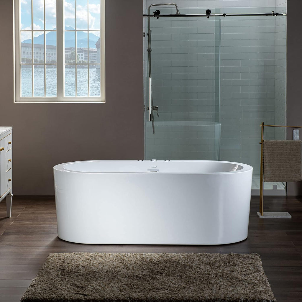 WOODBRIDGE 66-1/2' x 31-7/8' Whirlpool Water Jetted and Air Bubble Freestanding Heated Soaking Combination Bathtub, BJ200
