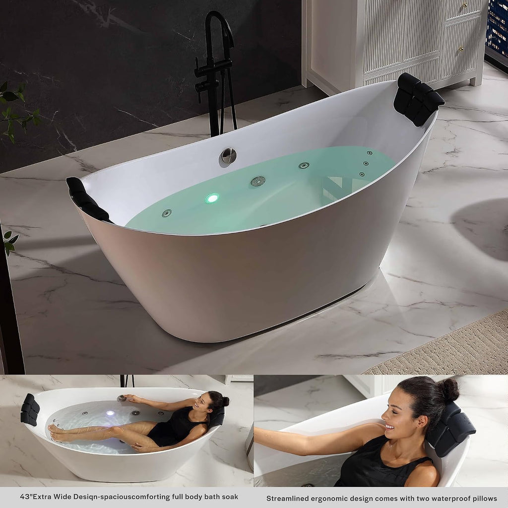 Empava Upgrade Acrylic Whirlpool Bathtub, 67-Inch Freestanding Boat Shaped Jetted Bathtub with Healing Chromotherapy, 18 Hydromassage Jet, Double-Ended Massage Bathtub with Two Black Pillows