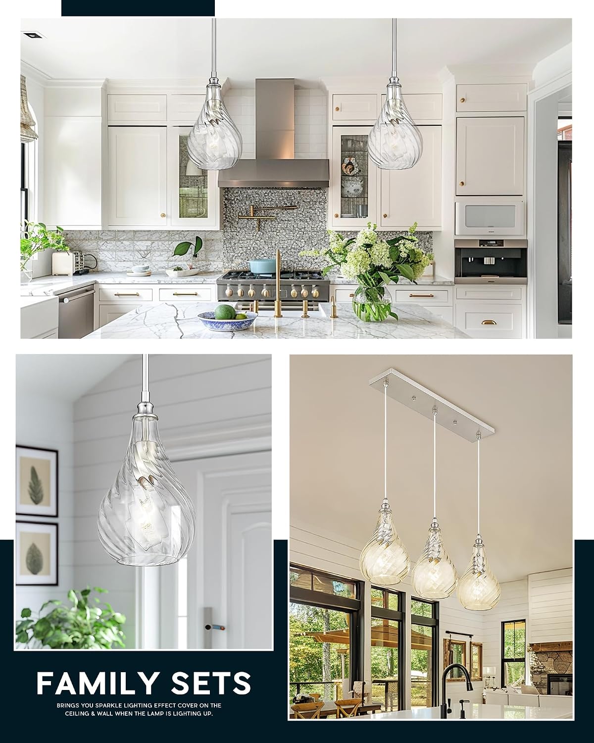 TENGXIN 3-Light Pendant Lights for Kitchen Islands - 6 Inch Brushed Nickel with Striped Glass. Farmhouse Style, Ideal for Dining Rooms and Bedrooms, Model TXPLBN12-3.