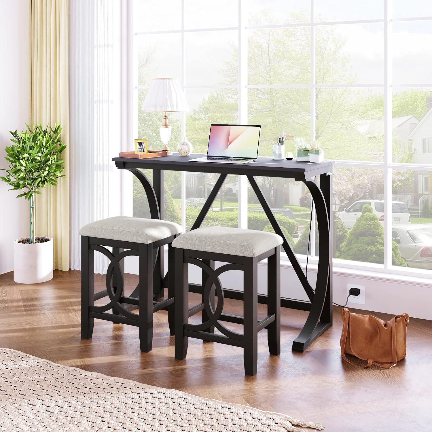 Polibi 3-Piece Farmhouse Counter Height Dining Set, Wood Kitchen Dining Table Set with USB Port and 2 Upholstered Stools for Small Places (Espresso)