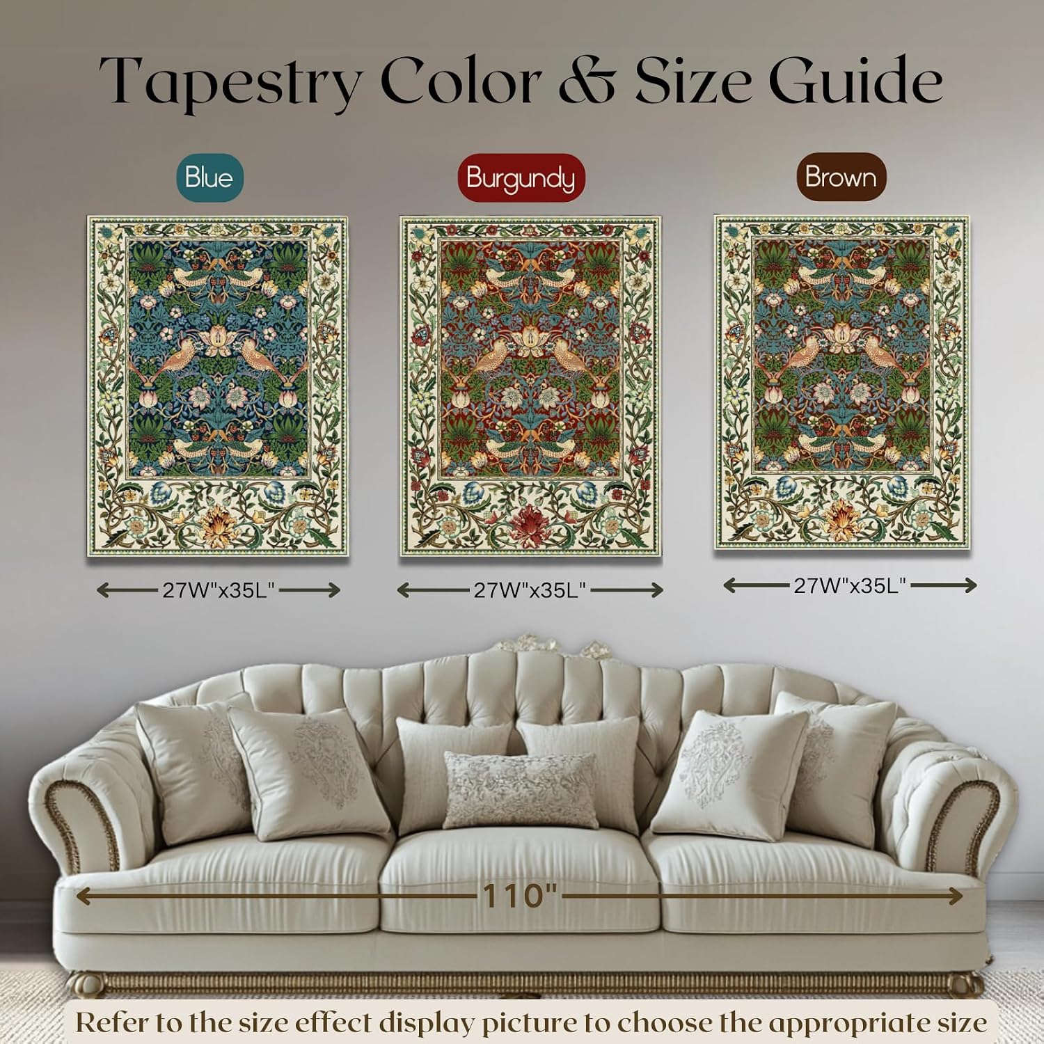 Vintage Medieval Tapestry, William Morris Birds and Flowers, Jacquard Woven Tapestry Wall Hanging for Living Room (Burgundy)