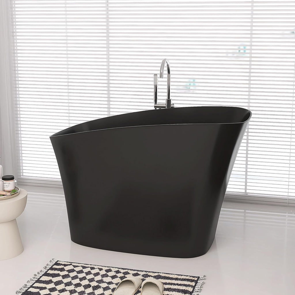 51' Japanese Soaking Bathtub with Seat, Solid Surface Matte Black | Freestanding Deep Soaking Tub, Pop-Up Drain and Overflow, Resin Stone Stand Alone for Samll Bathroom