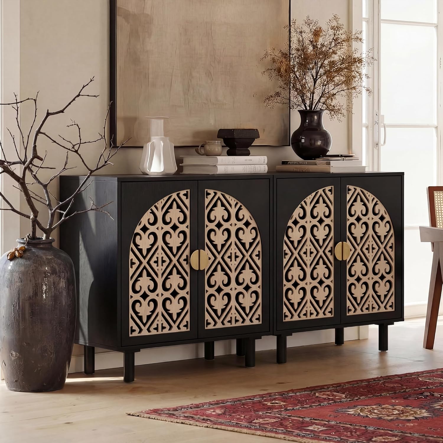Decorative Storage Cabinet Sideboard with Hollow Carved Panels, 4 Doors Storage Sideboard Cabinet with Adjustable Shelves. [Black, 2pcs]