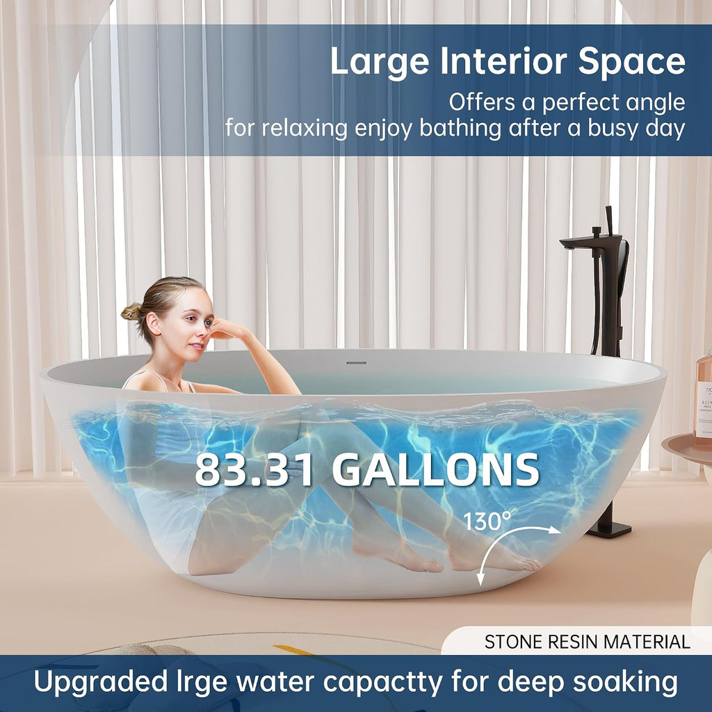 65'' Freestanding Bathtub Resin Stone Soaking Freestanding Tubs Matte Solid Surface Flatbottom Tub with Overflow and Pop-up Drain - White…