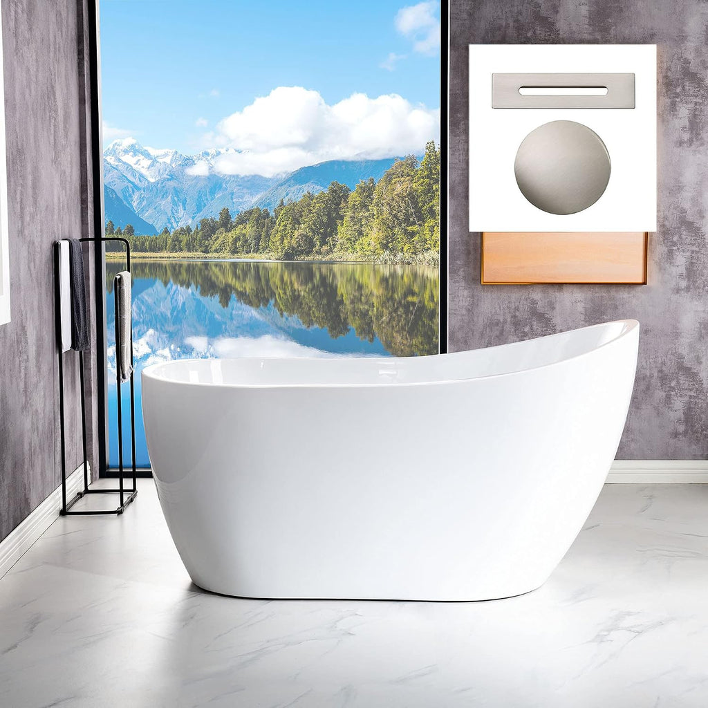 WOODBRIDGE 54'Freestanding White Acylic Soaking Bathtub with Brushed Nickel Drain and Overflow,B0006 -B-Drain &O