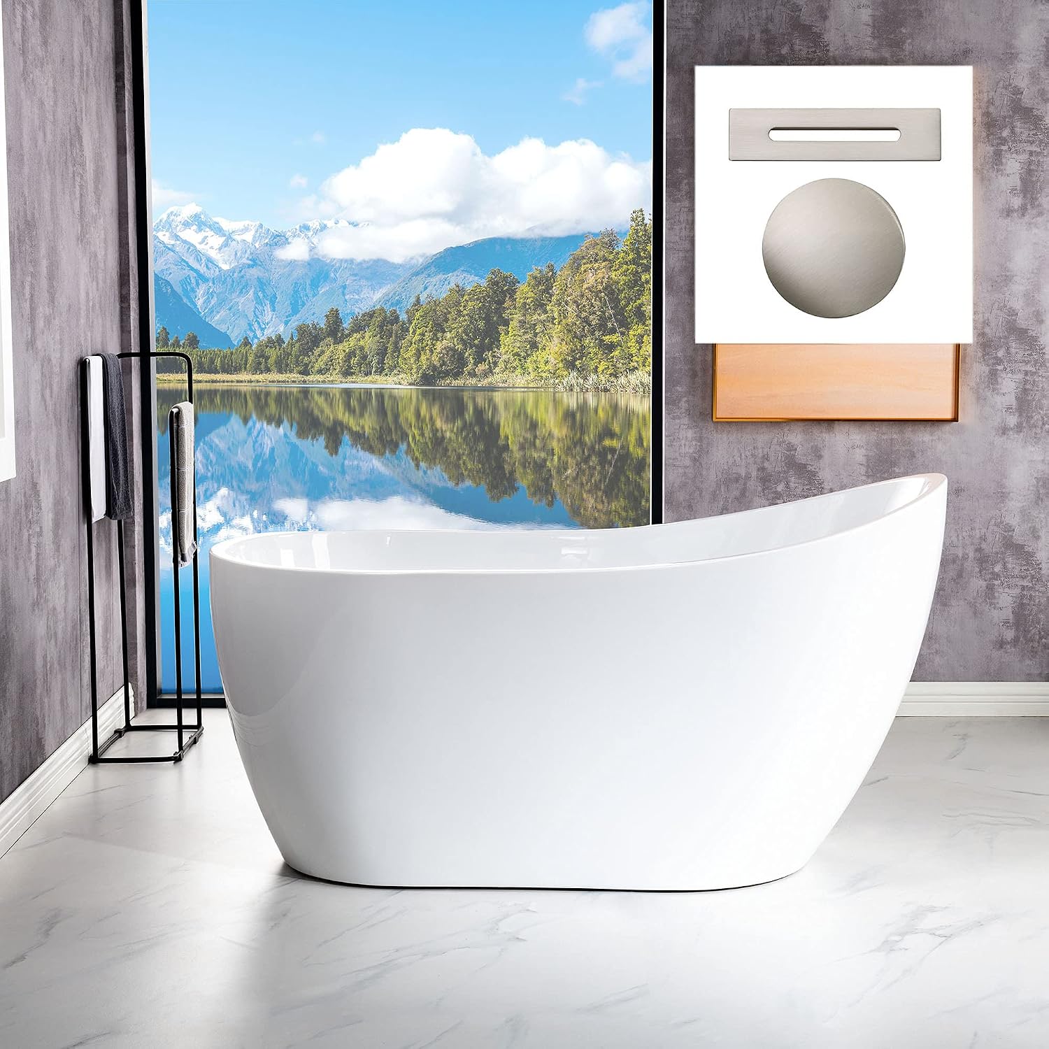 WOODBRIDGE 54'Freestanding White Acylic Soaking Bathtub with Brushed Nickel Drain and Overflow,B0006 -B-Drain &O