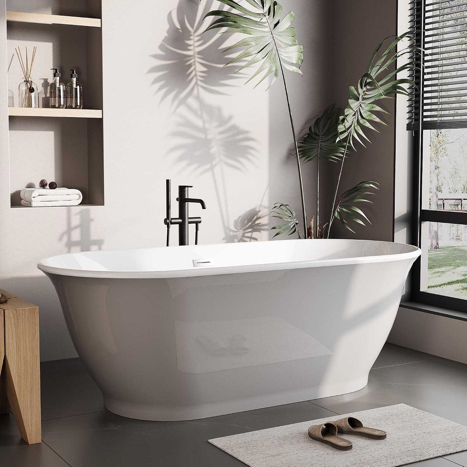67 Inch Acrylic Freestanding Bathtub, Luxury Oval Soaking Tub, Modern Stand Alone Bath In Grey & White, with Chrome Drain, Overflow, Deep Soak Freestanding Tub for Bathroom