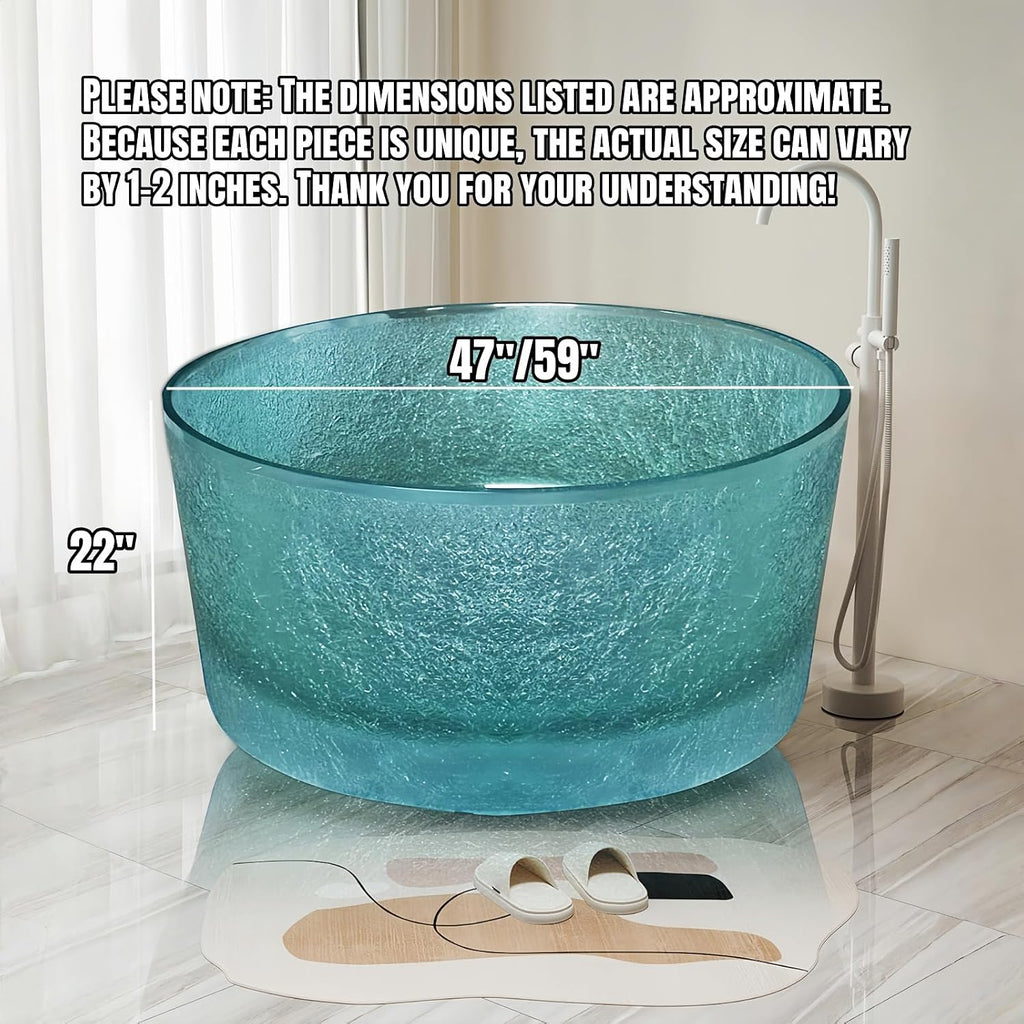 47' Edeyeu Freestanding Bathtub - Round Solid Surface Bathtub With Ice Crack Texture, Luxury Extra Deep Soaking Tub, Natural Resin Stand Alone Free Standing Tub For Modern Bathroom Design Blue