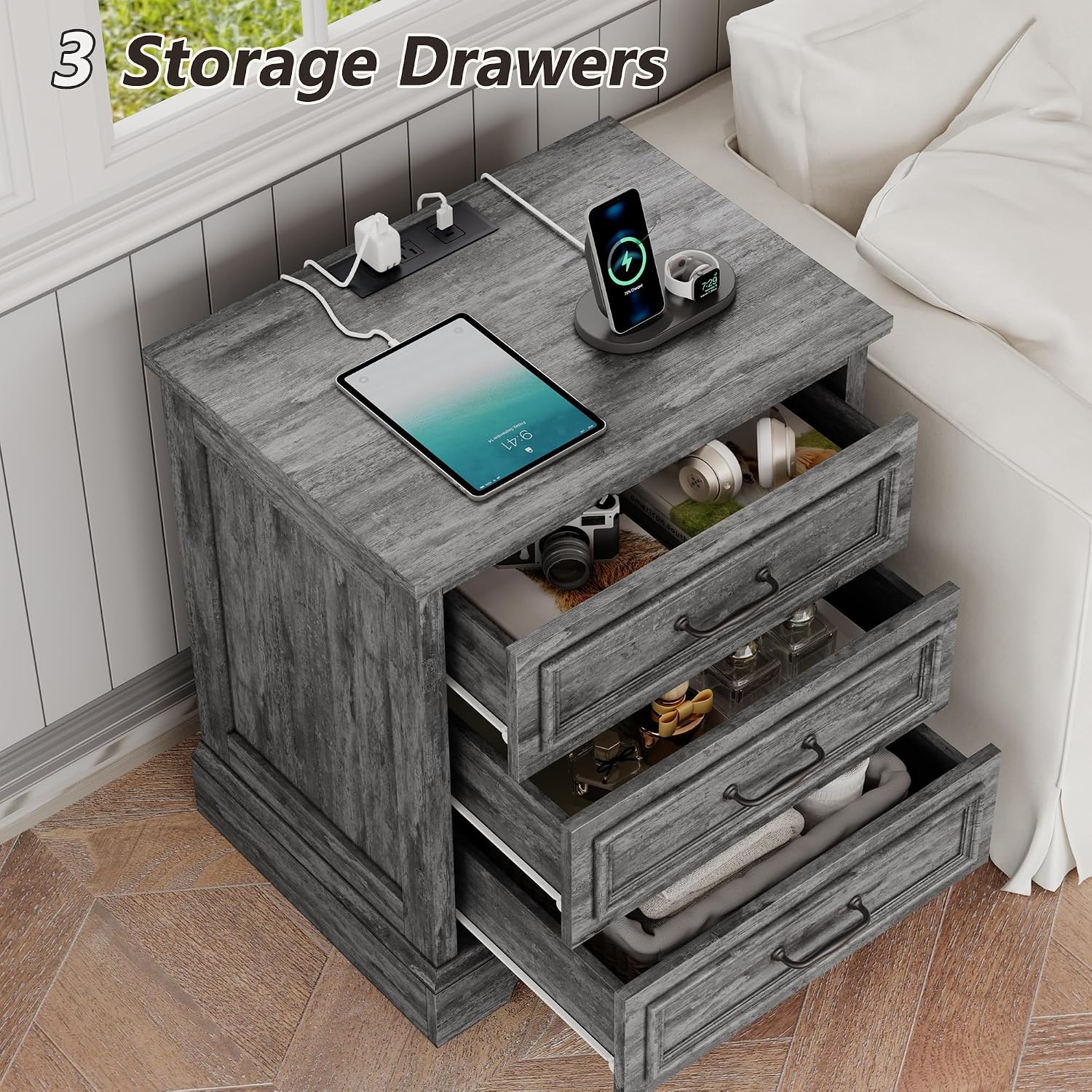 Farmhouse 3 Drawers Dresser with Charging Station, Nightstand Bedside for Bedroom, Wood Small End Table for Living Room Dresser Chest of Drawers for Hallway Closet Dorm (1, Dark Grey)