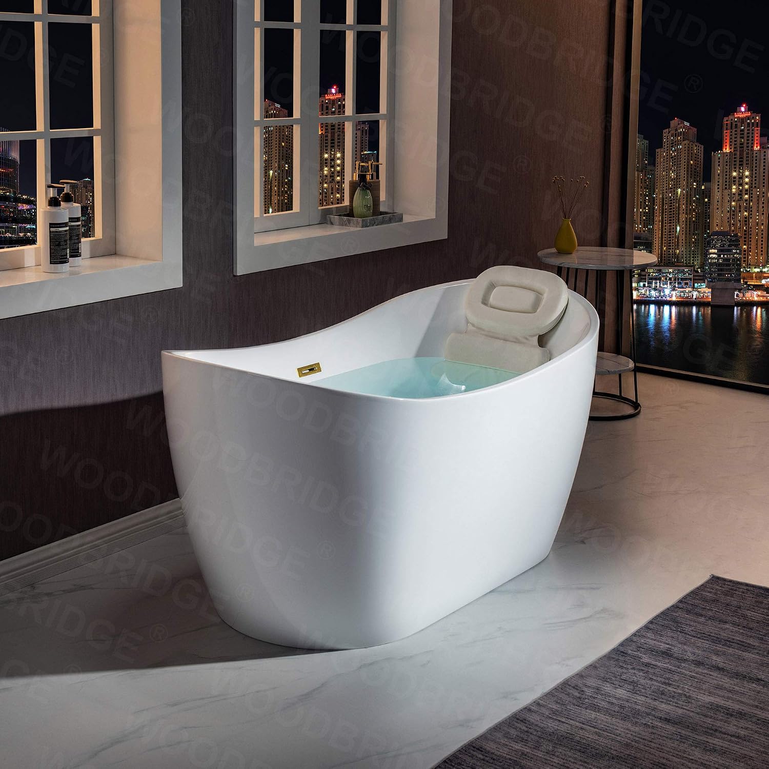 WOODBRIDGE 59'Freestanding White Acylic Soaking Bathtub with Brushed Gold Drain and Overflow,BTA1516 -BG-Drain &O