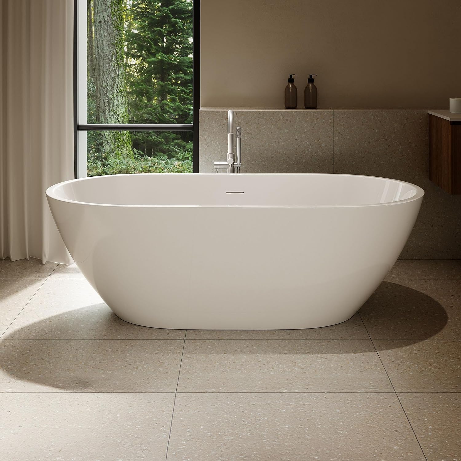 OVE Decors Ayago 66 in. Solid Surface Freestanding White Acrylic Soaking Bathtub, with Overflow and White Pop-up Drain