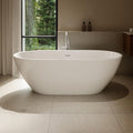 OVE Decors Ayago 66 in. Solid Surface Freestanding White Acrylic Soaking Bathtub, with Overflow and Satin Nickel Pop-up Drain