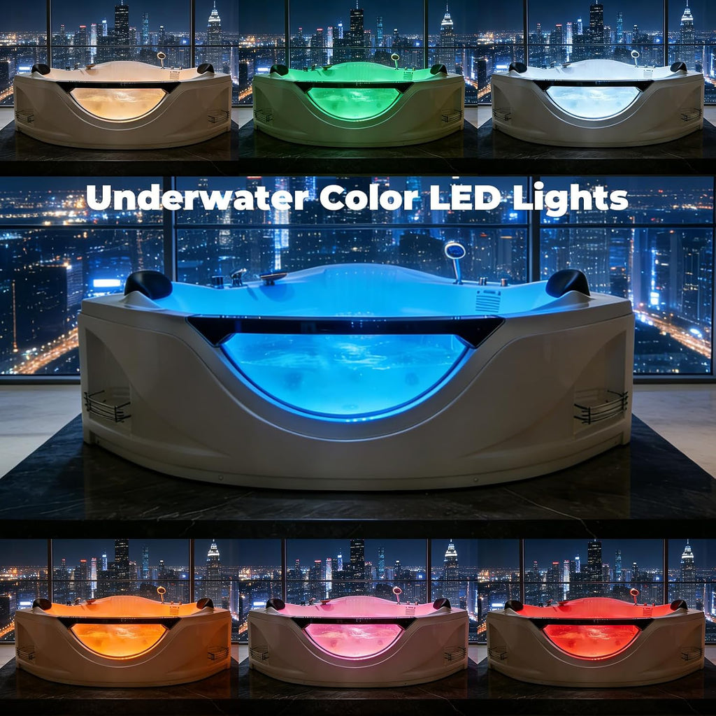 59x59 Inch Corner Bathtub for 2 Person, 6 Jet Whirlpool Tub withChromatherapy LED Lights, Acrylic Soaking Tub with Hydro Massage, Includes Faucet & 2 Bath Pillows