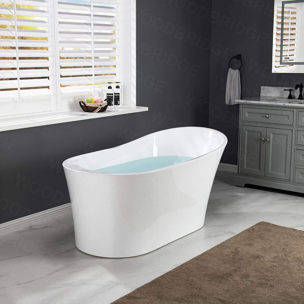 WOODBRIDGE 59' Acrylic Freestanding Bathtub Contemporary Soaking Tub with Matte Black Overflow and Drain B0083-MB-Drain &O,White