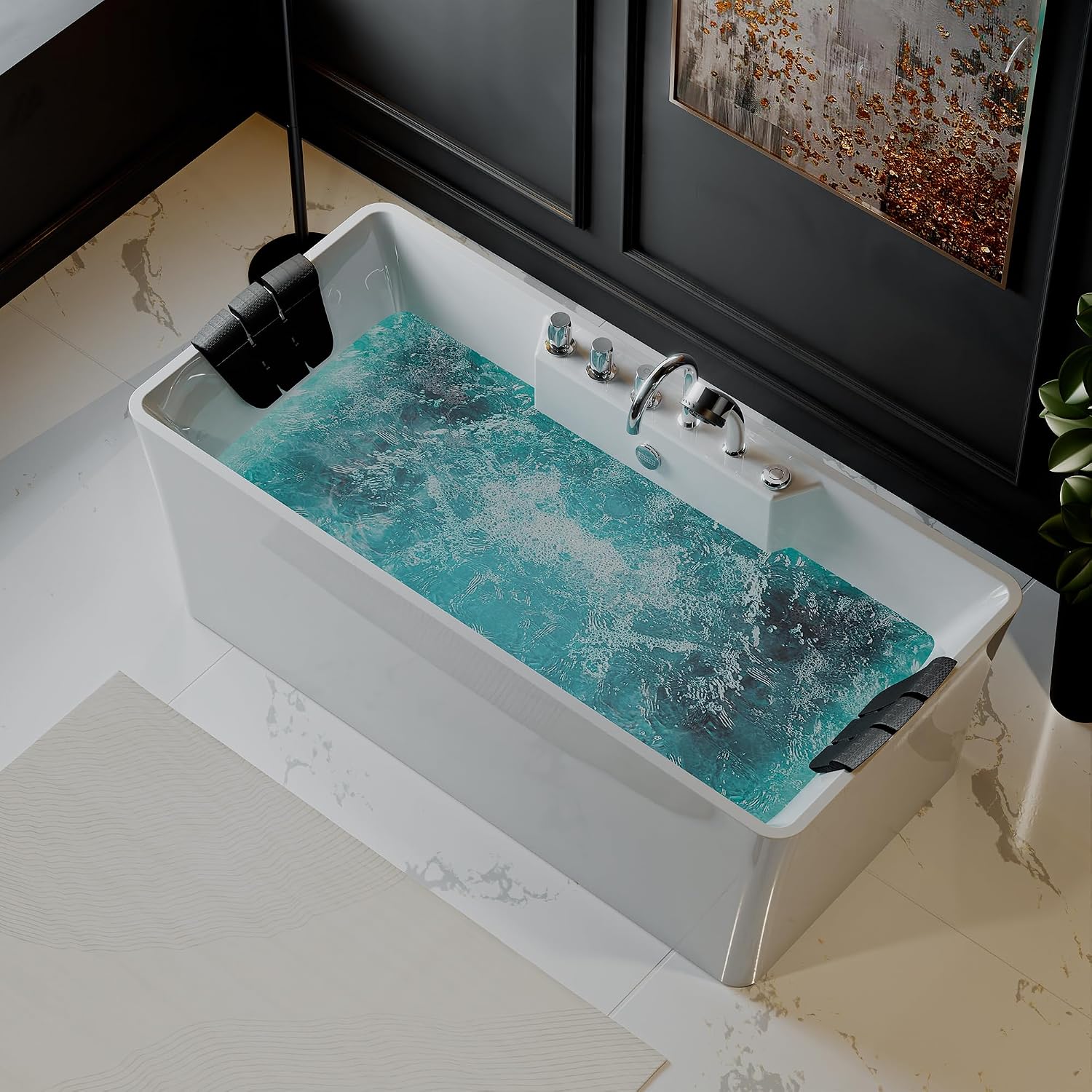 Empava 59' x 30' Freestanding Whirlpool Tub,560W Stand Alone Jetted Bathtub,ETL Certified,Center Drain,Acrylic, 60 Gallons, Rectangle Spacious for Big-Boned or Busty Sizes