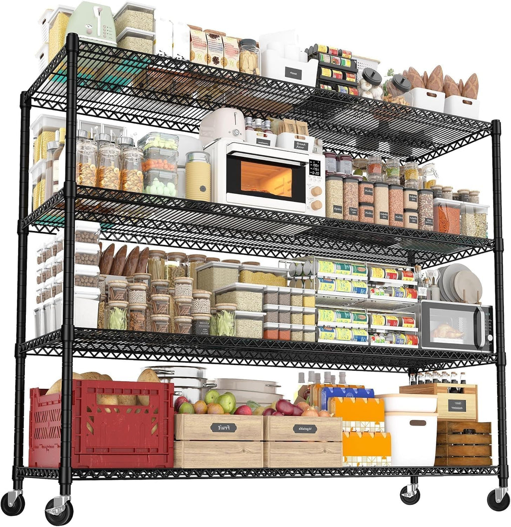 REIBII 60''W Storage Shelves 2399LBS Wire Shelving with Wheels Garage Shelving Heavy Duty Metal Shelves for Storage Rack Adjustable Shelf for Commercial Garage Kitchen, 60' W x 18' D x 65.5' H