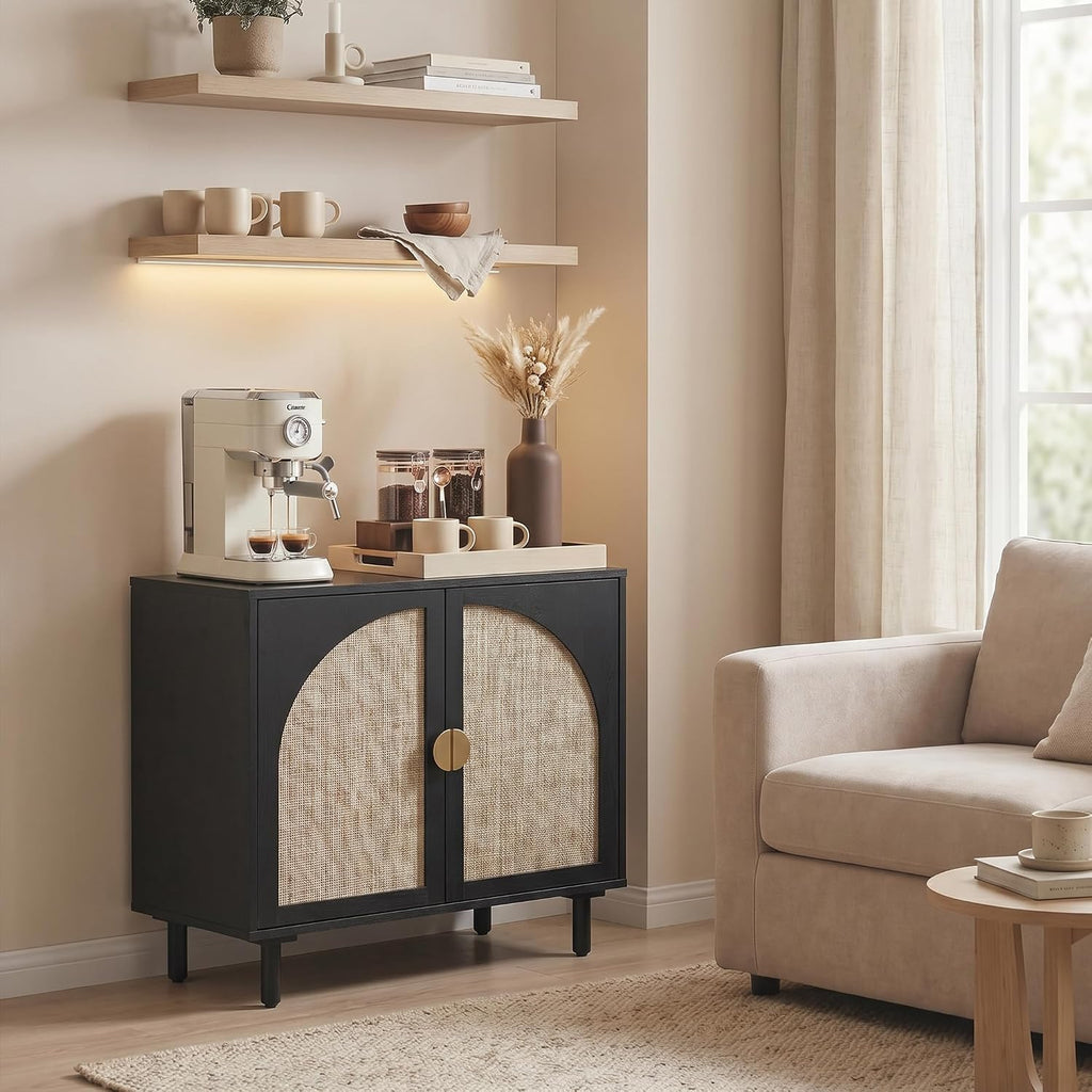 Modern Rattan Storage Sideboard Cabinet, Black Wood Buffet with Magnetic Latch, Adjustable Shelf. [2Pcs, Black]