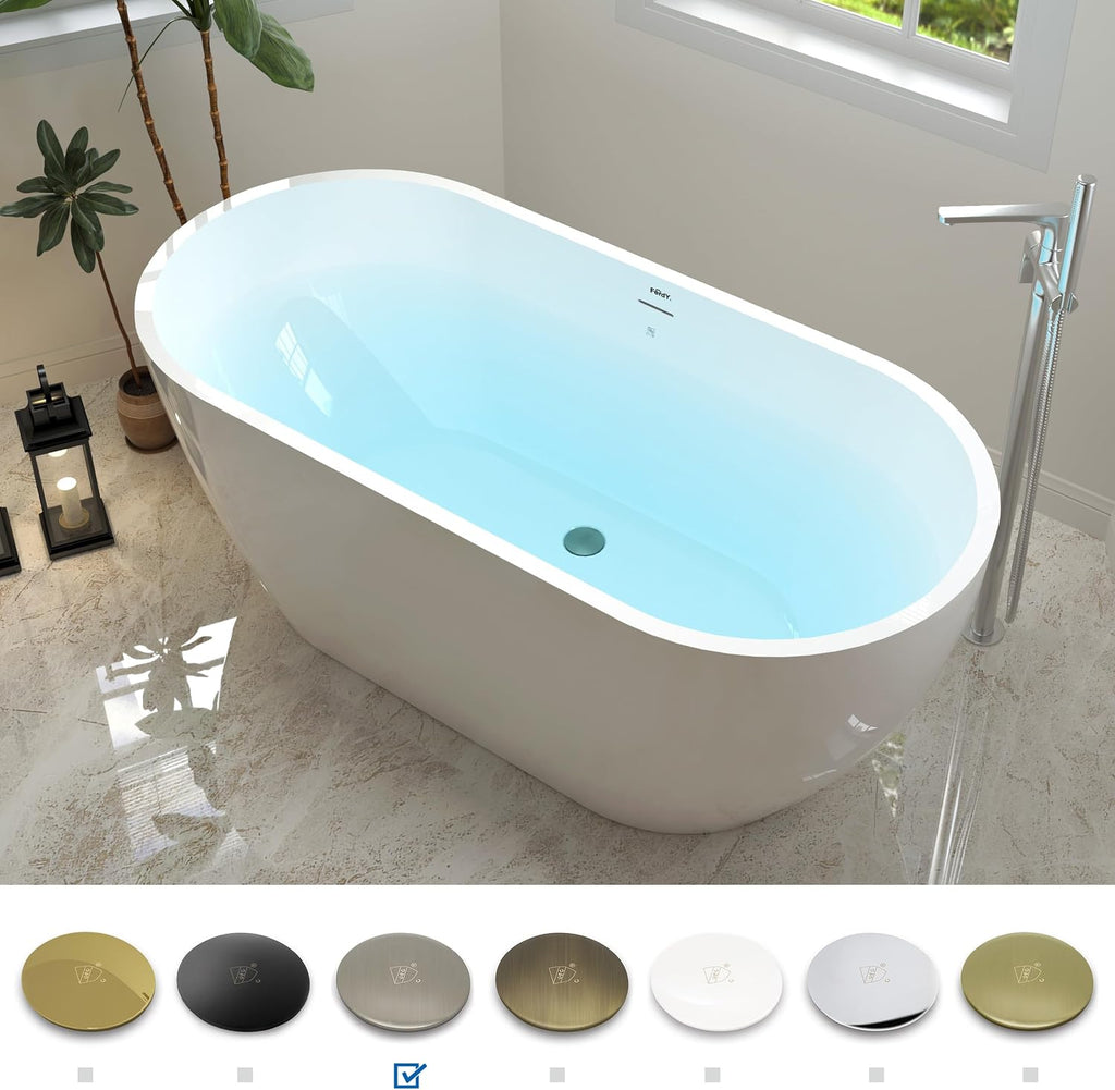 FerdY 59' Acrylic Freestanding Bathtub, Contemporary Soaking tub with Brushed Nickel Drain & Overflow, Elegant Oval Shape, cUPC Certified, Bali