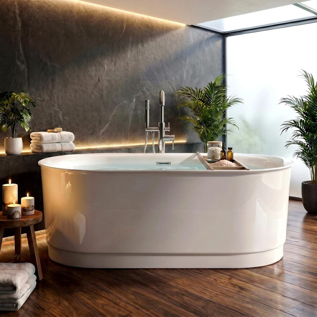 67' Acrylic Freestanding Bathtub, 15' Deep Soaking Tub with Integrated Overflow & Drain, CUPC Certified Free Standing Tub, Chrome Drain Bath Tub, Modern Tub for Bathrooms, Flip-edge White