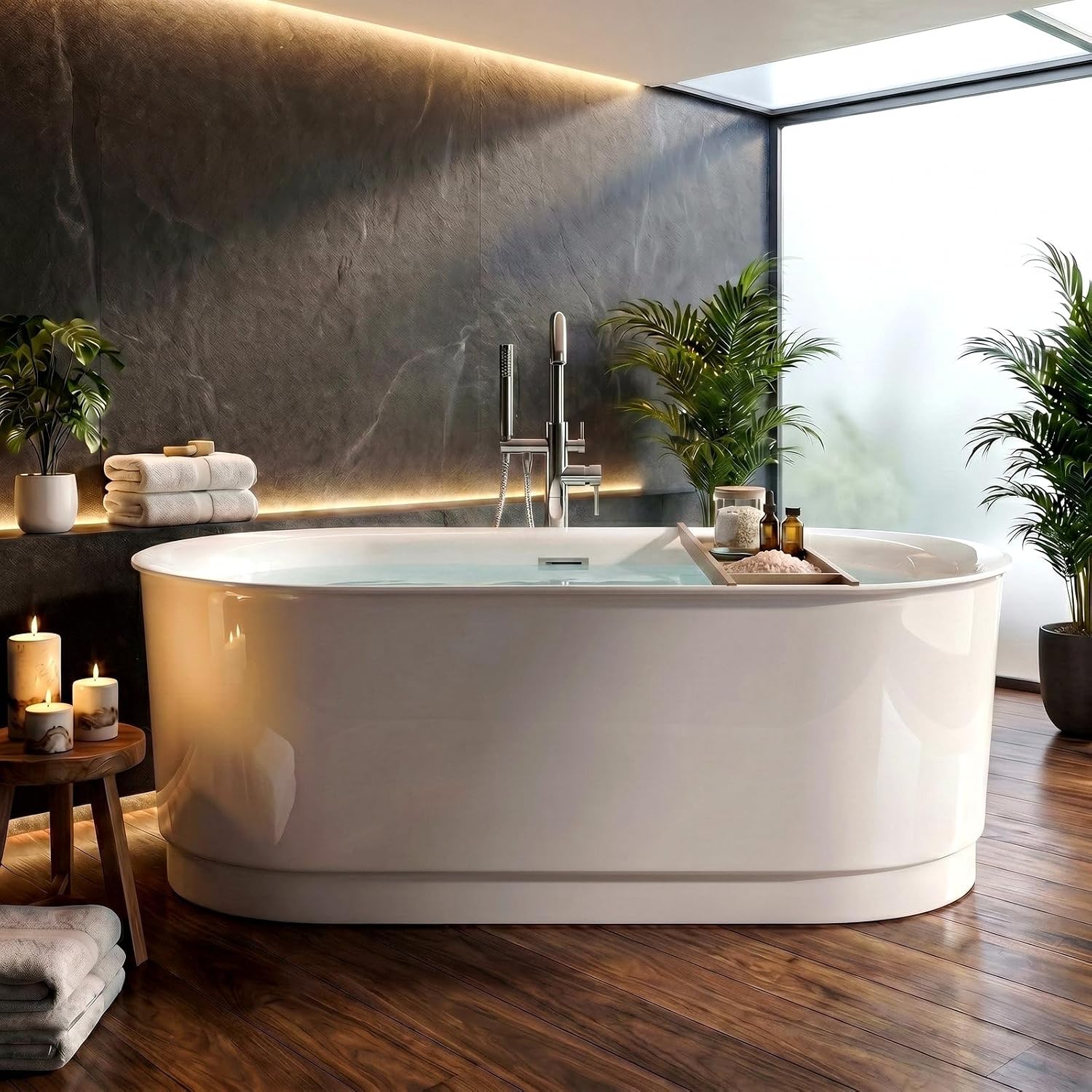 67' Acrylic Freestanding Bathtub, 15' Deep Soaking Tub with Integrated Overflow & Drain, CUPC Certified Free Standing Tub, Chrome Drain Bath Tub, Modern Tub for Bathrooms, Flip-edge White