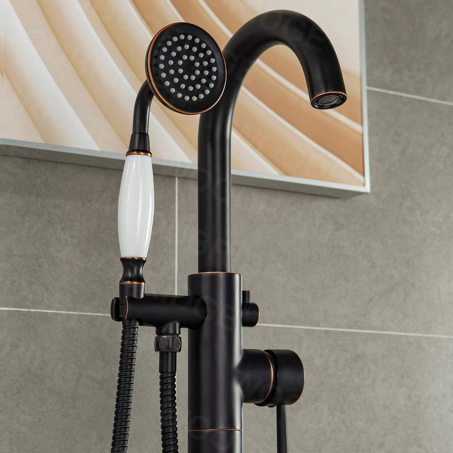 WOODBRIDGE Contemporary Single Handle Floor Mount Freestanding Tub Filler Faucet with Hand Shower in (Oil Rubbed Bronze) Finish,F0010-ORBVT