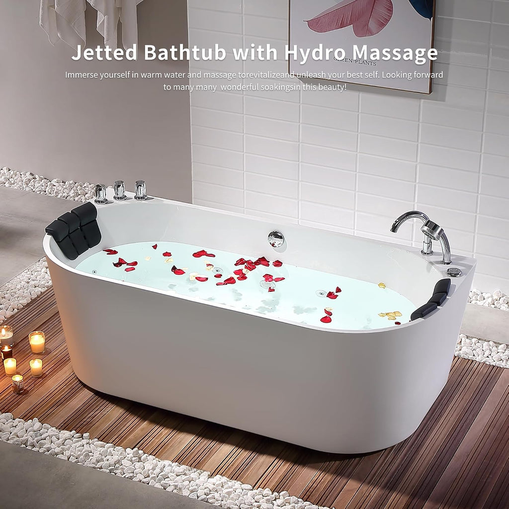 Empava 67 in. Acrylic Freestanding Tub Hydromassage Gracefully Oval Shaped Whirlpool 8 Water Jets Soaking SPA, Double-Ended Massage Bathtub with Two Black Pillow