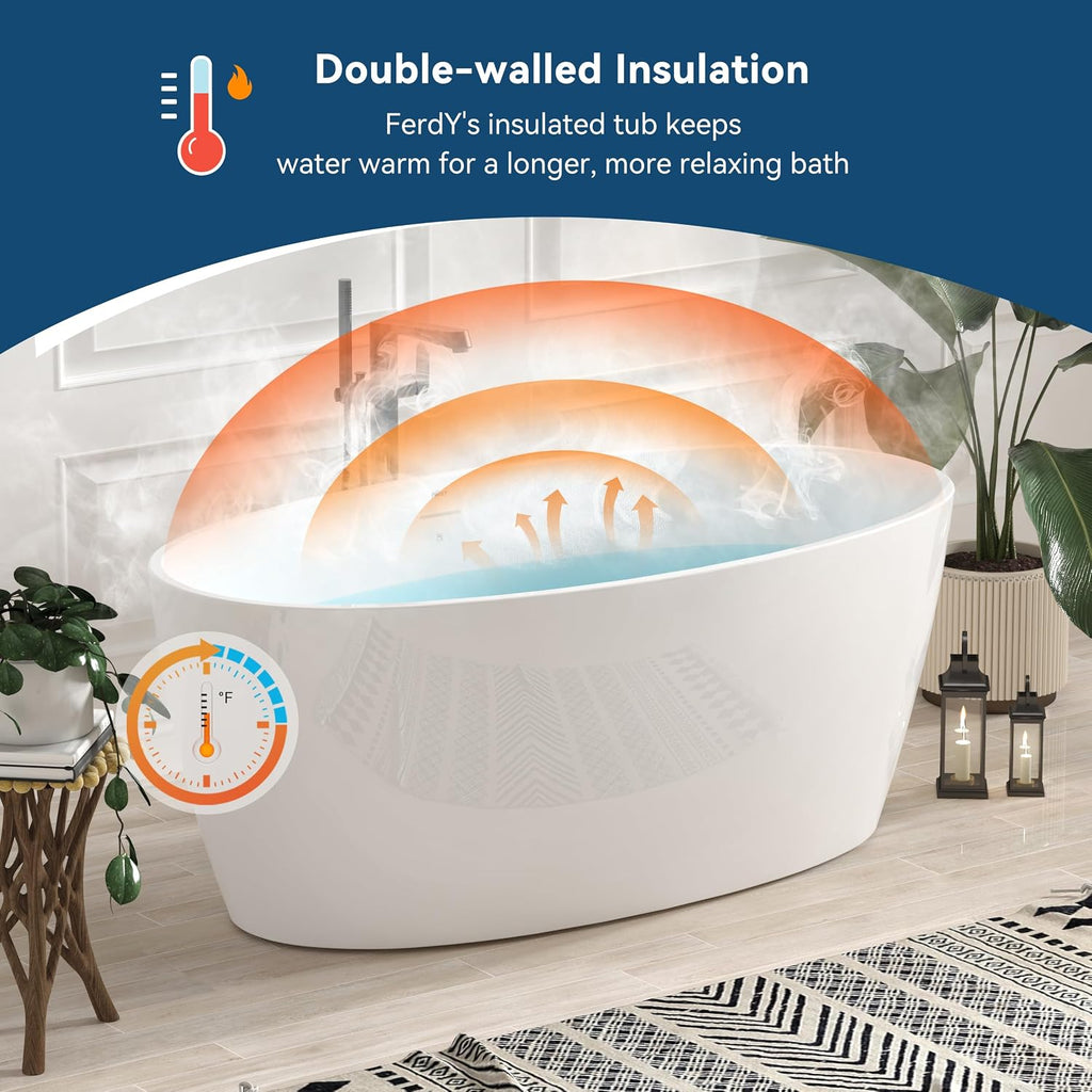 FerdY 59' Acrylic Freestanding Bathtub, Contemporary Soaking tub with Brushed Nickel Drain & Overflow, Elegant Oval Shape, cUPC Certified, Tahiti